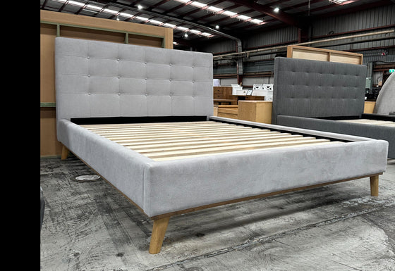 Saiga Fabric Bed Frame with Oak Plinth Base & Scandi Leg